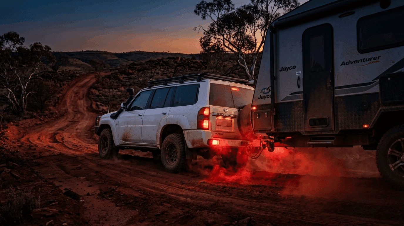4x4 vehicle towing a heavy off-road caravan in the Australian outback