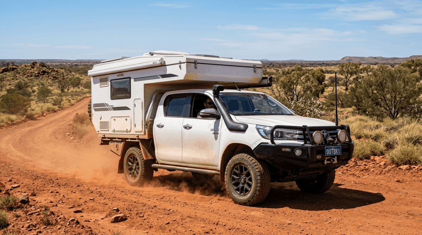 Dual cab 4x4 ute with a heavy slide on camper driving on dirt road